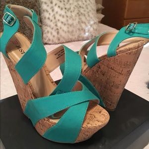 Turquoise strappy wedges